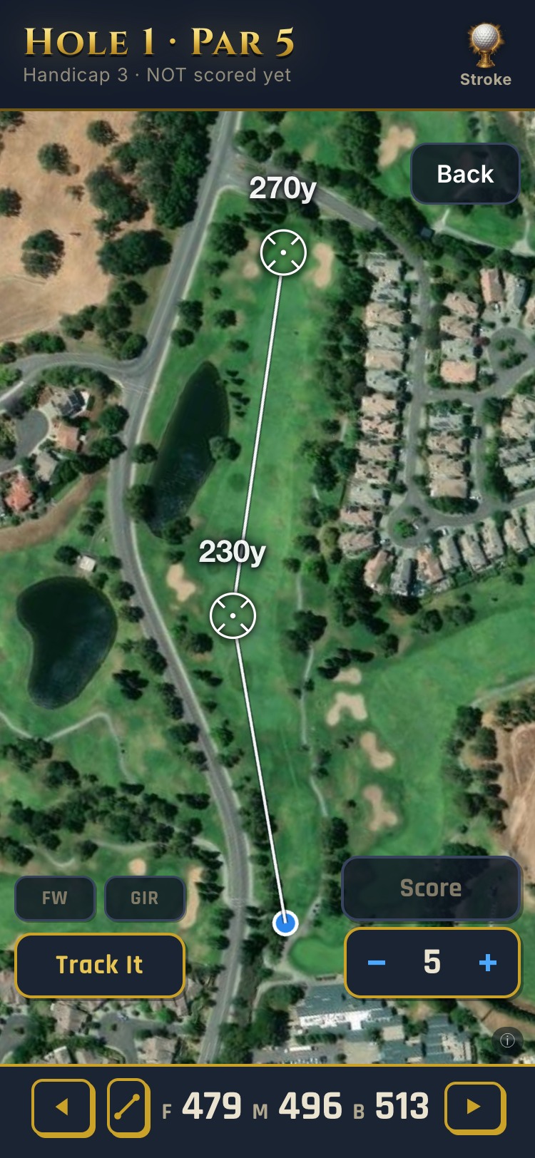 Battle Tees GPS map — hole 1 at Rancho Solano GC: satellite view, rangefinder line to the green, front 479 · middle 496 · back 513 yards