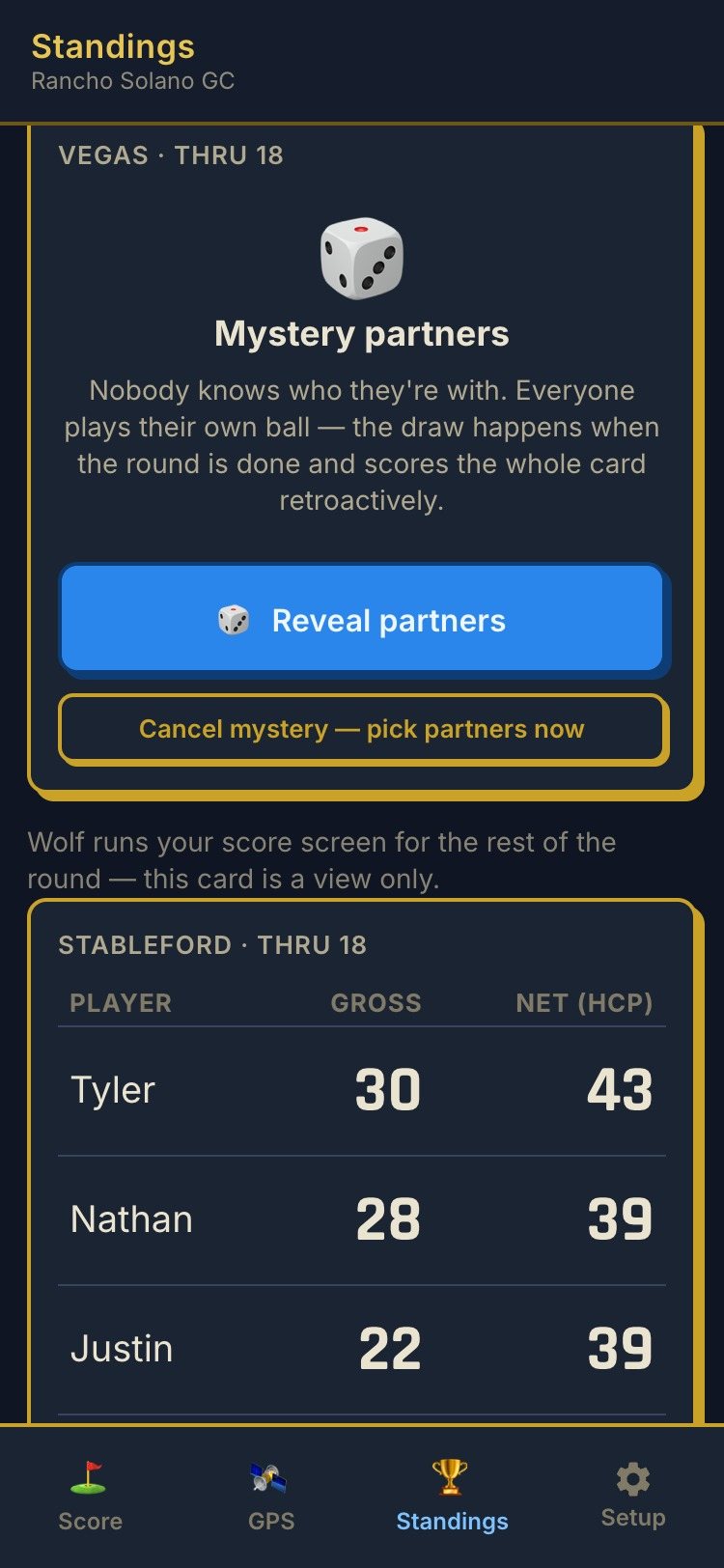 Standings after 18 holes at Rancho Solano: the Vegas card shows a dice, Mystery partners, the line that nobody knows who they're with and the draw scores the whole card retroactively, and a blue Reveal partners button
