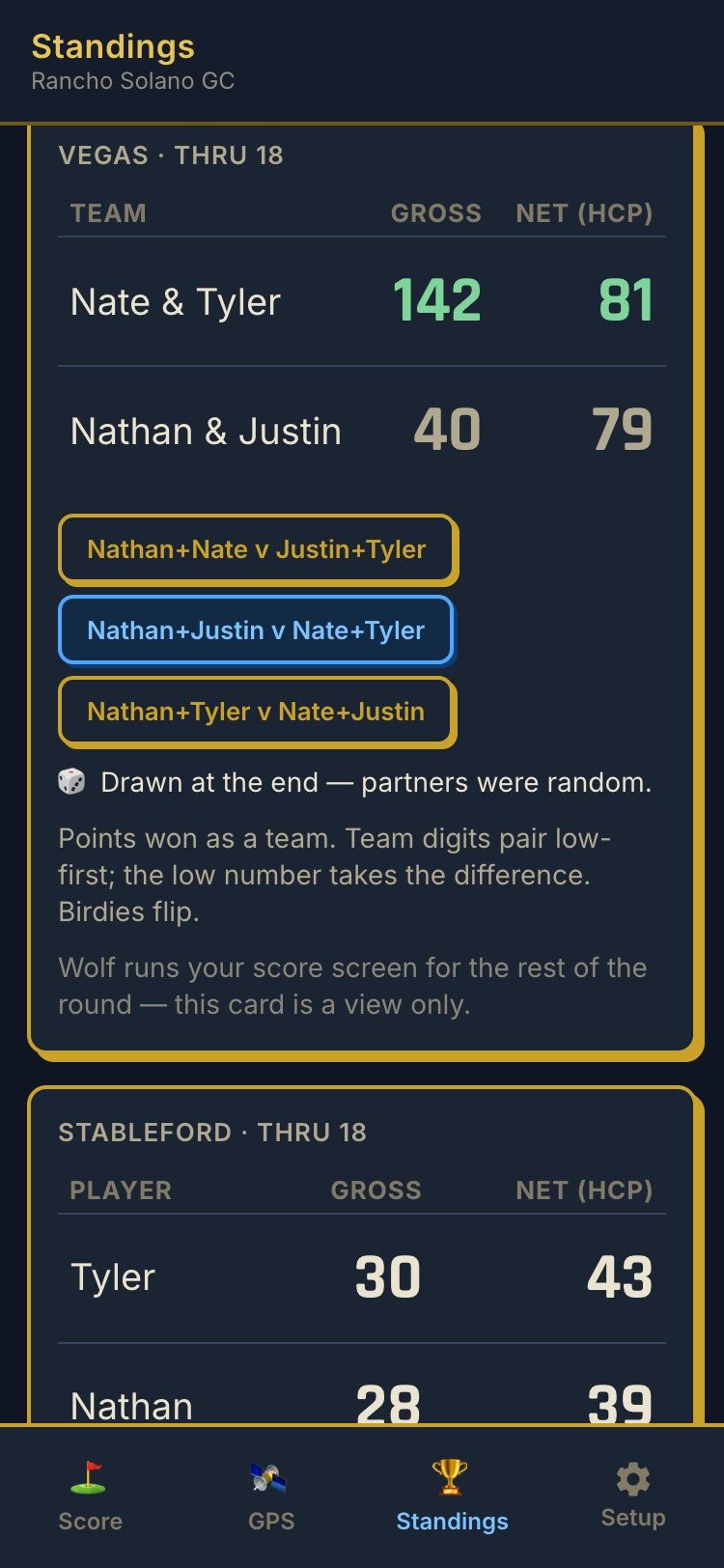 Standings after the draw: Vegas thru 18 with Nate & Tyler against Nathan & Justin, the drawn pairing highlighted, and the note that partners were drawn at the end and were random