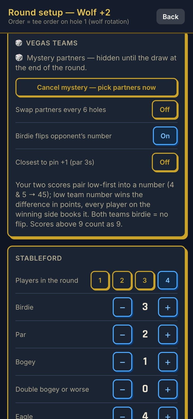 Round setup, Vegas teams card: Mystery partners switched on — hidden until the draw at the end of the round — with a button to cancel and pick partners now, plus the Vegas options for swapping partners, birdie flips and closest to pin