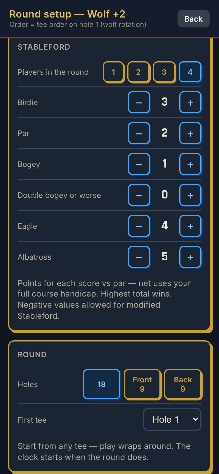 Round setup, Stableford card: steppers for birdie 3, par 2, bogey 1, double bogey or worse 0, eagle 4, albatross 5, with a note that negative values are allowed for modified Stableford