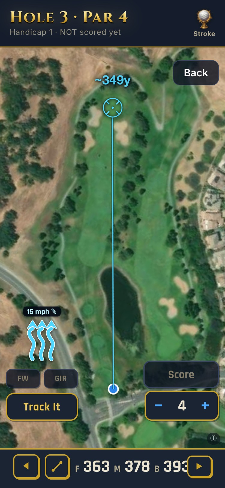 Hole 3: three blue wind arrows flying up the hole toward the green, marked 15 mph with a pencil, the sight line reading ~349 yards against a middle of 378