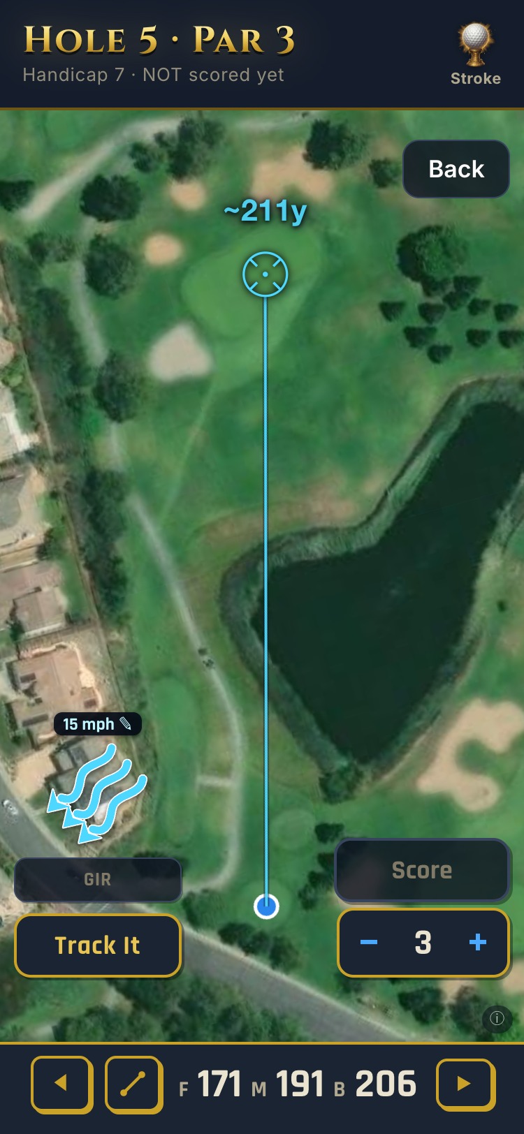 Hole 5 under the same 15 mph wind: the arrows come diagonally across the hole into the player, and the sight line reads ~211 yards against a middle of 191
